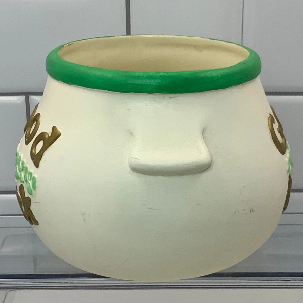 Vintage Good Luck Shamrock Cauldron Ceramic Planter White Green Gold 3.5in